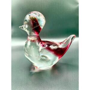Handblown Art Glass Duck Paperweight – Cranberry & Clear – 6” – 2.5 lbs